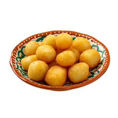 Wall Mural - Front view of mouth-watering Cuban Yuca con Mojo Bites on an artistic Caribbean-themed plate, isolated on a white transparent background