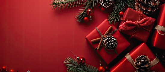 Poster - Gifts fir cones and red decorations arranged flat on a red background from a top view providing copy space A creative Christmas arrangement Christmas shopping Happy New Year festive celebration conce