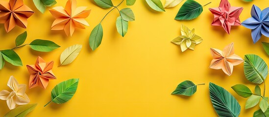 Poster - Vibrant origami flowers accompanied by leaves on a yellow backdrop. with copy space image. Place for adding text or design