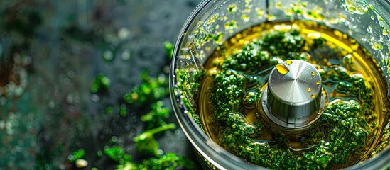 Sticker - Ingredients for a green vegan pesto are being mixed in a food processor with olive oil filling the frame in the copy space image