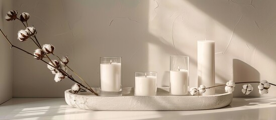 Wall Mural - Minimalistic presentation with a concrete tray holding white candles in glass jars paired with delicate cotton flowers suitable for a mockup with ample copy space image