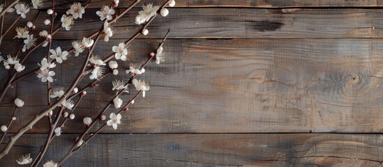 Poster - A picture of blooming willow branches against a wooden backdrop provides ample copy space image