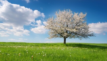 flowering fruit tree cherry blossom single tree on the horizon with white flowers in the spring fresh green meadow with blue sky and white clouds