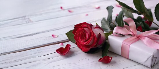 Poster - Love and Valentine s concept depicted in an image showing a red and pink rose with a gift box on a white wooden background with copy space image available