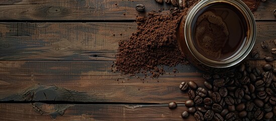 Aufkleber - Fresh washed and instant coffee displayed on a wooden background with copy space image