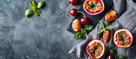 Poster - Passion fruit berry dessert on a gray concrete surface with a kitchen towel Emphasizing the recipe and healthy food concept through the top view and flat lay style providing copy space for images