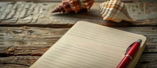 Fototapete - On a wooden table there is a paper notebook a seashell and a red pen with room for additional images