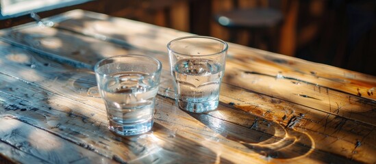 Poster - On a wooden table inside there are two glasses of water with a copy space image