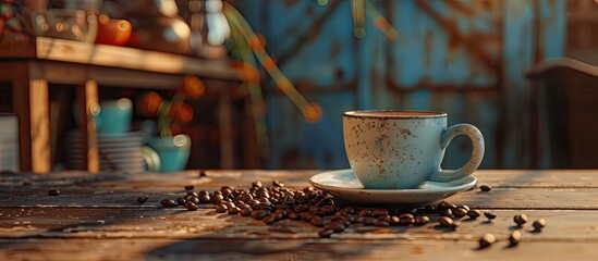 Poster - Vintage themed coffee break scene featuring a coffee cup beans and a simple table perfect for a copy space image