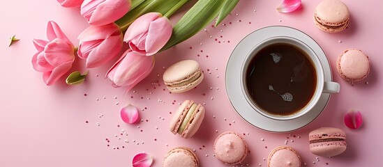 Poster - Pink tulip bouquet coffee and macaroons on pink backdrop create an anniversary celebration theme with a top down view and available copy space image