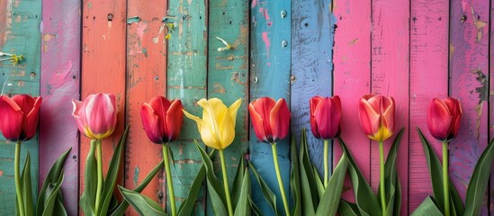 Aufkleber - Tulips arranged attractively on a colorful wooden backdrop with copy space image