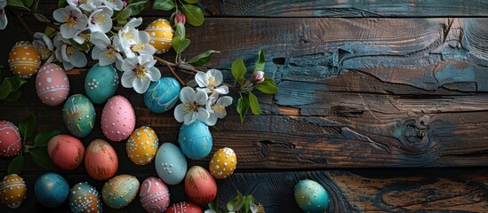 Poster - Above view of a rustic wooden table adorned with blooming apple tree branches handmade colorful Easter eggs Wishing you a Happy Easter with a copy space image
