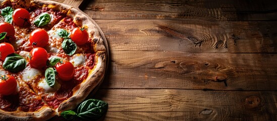 Poster - A tempting pizza displayed on a wooden board with copy space image