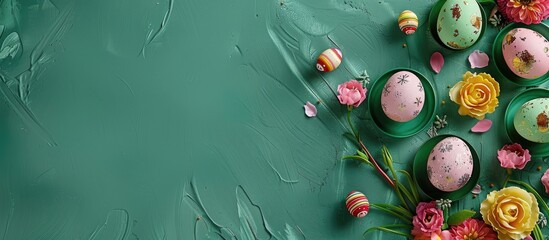 Aufkleber - A festive Easter table arrangement with eggs and flowers displayed on a green surface in a top down view allowing for text in the empty area of the image. Creative banner. Copyspace image