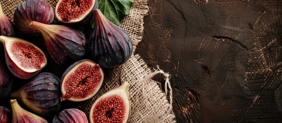 Poster - Horizontal sackcloth background with a mix of whole figs and a single sliced fig bringing focus to the copy space image