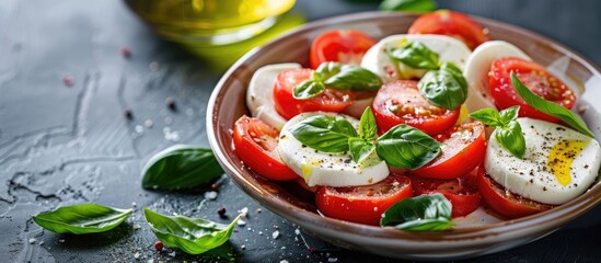 Poster - Fresh Italian caprese salad featuring tomatoes mozzarella basil and drizzled olive oil over a simple dish with a background suitable for text or copy space image showcasing its vibrant colors and fla