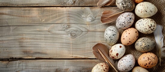 Aufkleber - Easter eggs decorated with speckled feathers set against a rustic wooden backdrop create a charming copy space image