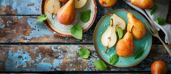 Aufkleber - Flat lay summer breakfast featuring dishes made from pears displayed on a wooden table with a copy space image