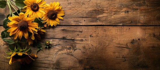 Sticker - Old wooden table with sunflower bouquet perfect for text on background Copy space image