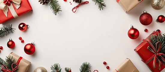 Aufkleber - Festive holiday arrangement featuring gifts and red ornaments on a white backdrop conveying a Christmas winter and New Year theme in a flat lay style showcasing a top view and copy space image