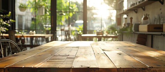 Canvas Print - A wooden table in a modern cafe restaurant with a bright daytime ambiance visible in the background suitable for a copy space image