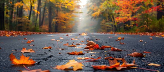 Fototapete - Fall foliage scattered on the road with a copy space image