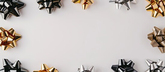 Fototapete - Various silver gold and black festive bows encircle a white backdrop creating a stylish border for a copy space image