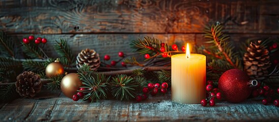 Leinwandbilder - Festive Christmas arrangement featuring a glowing white candle red berries ornaments pine branches and leaves on a wooden backdrop with room for text or images. Creative banner. Copyspace image