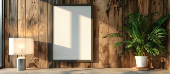Aufkleber - Interior design featuring a frame displayed on a wooden wall with a blank space for an image. Creative banner. Copyspace image