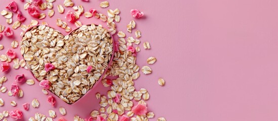 Poster - Background of pink with heart created from uncooked oats providing copy space image