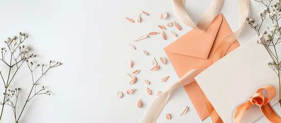 Aufkleber - An overhead view of wedding invitation cards with peach envelopes ribbons and pussy willow on a white background The flat lay top view shows an invitation card with ample copy space image for customiz