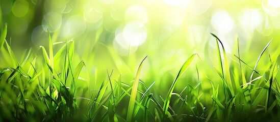 Poster - Spring grass in vibrant green hues with sunlight filtering through providing space for text or images amid a softly blurred natural backdrop for banners. Creative banner. Copyspace image