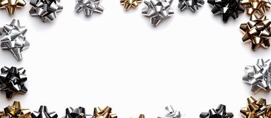 Fototapete - Various silver gold and black festive bows encircle a white backdrop creating a stylish border for a copy space image