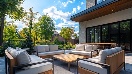 Aufkleber - Outdoor seating furniture in beautiful backyard patio by contemporary house against sky on sunny day : Generative AI