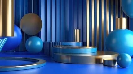 Fototapete - Clean and futuristic 3D composition in vintage blue and sapphire blue, with matte gold accents 
