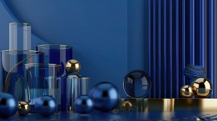 Fototapete - Clean and futuristic 3D composition in vintage blue and sapphire blue, with matte gold accents