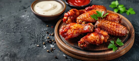 Aufkleber - Hot fried chicken wings served as a snack on a wooden plate with ketchup and mayonnaise in a fast food setting against a dark backdrop with copy space image