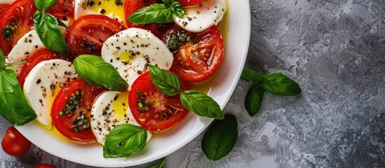 Poster - Fresh Italian caprese salad featuring tomatoes mozzarella basil and drizzled olive oil over a simple dish with a background suitable for text or copy space image showcasing its vibrant colors and fla