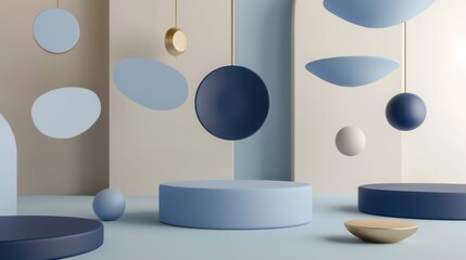Fototapete - Clean and modern 3D abstract scene with minimalist floating shapes in vintage blue and soft sapphire, embellished with matte gold elements
