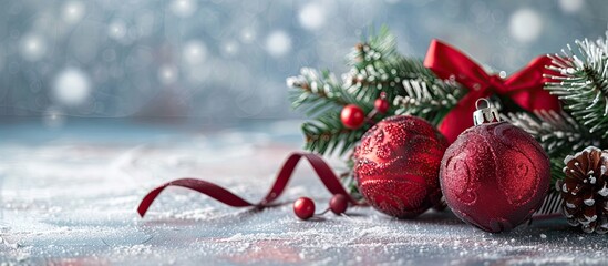 Poster - Festive holiday decoration with ribbon and red ornaments perfect for adding joy to the season all against a serene backdrop in a copy space image