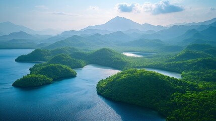 Wall Mural - The coastlines of the Andaman Islands feature picturesque hills offering stunning views and supporting diverse ecosystems rich in marine life and unique terrestrial flora and fauna : Generative AI