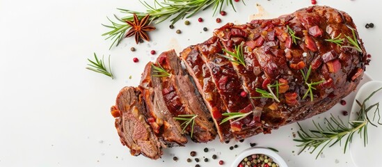 Aufkleber - Sliced roast beef meatloaf with bacon and spices on a white background in a top view Ideal for a copy space image