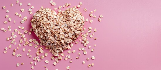 Poster - Background of pink with heart created from uncooked oats providing copy space image