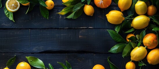 Poster - Fruits like lemons and tangerines arranged on a black wooden table as a backdrop for a copy space image