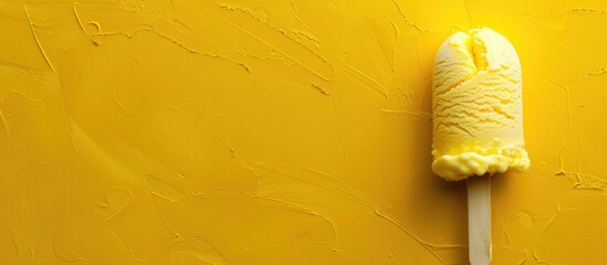 Poster - Ice cream stick on gray and yellow background with copy space image