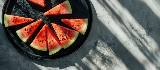 Sticker - Top view of watermelon slices on a black plate against a concrete surface with shadows cast by the summer sun Includes copy space image