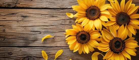 Leinwandbilder - Sunflowers displayed on a wooden surface inset with copy space image