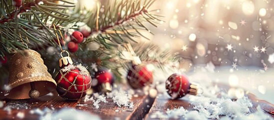 Aufkleber - A vintage filter is applied to a close up selective focus image of jingle bells and Christmas decor on a snowy wooden background with copy space