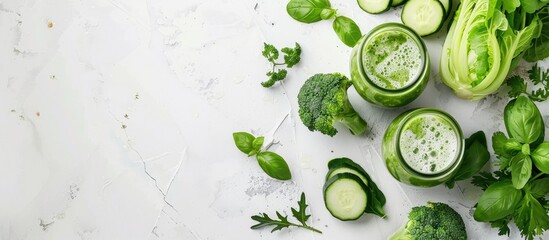 Sticker - Fresh green vegetable smoothie in a glass jar on a white backdrop with copy space image