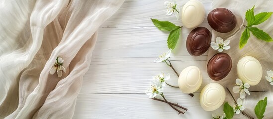 Wall Mural - Easter themed chocolate eggs on a white wooden surface with natural linen fabric and green spring leaves for a rustic backdrop in a photo with empty space for design elements. Creative banner